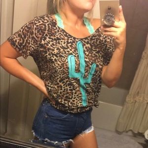 Leopard print and turquoise cactus shirt